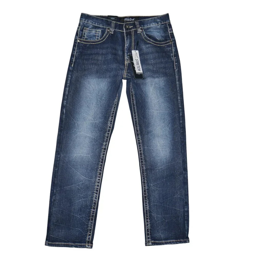 True Luck Straight Leg Jeans Dark Wash Denim Men's Size 32x32 Thick Stitch BKE